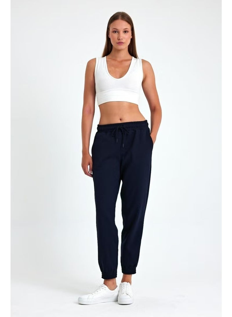 mmetalic Women's Navy Blue Cotton Thick Leg Elastic High Waist Comfortable Jogger Sweatpants - Image 3